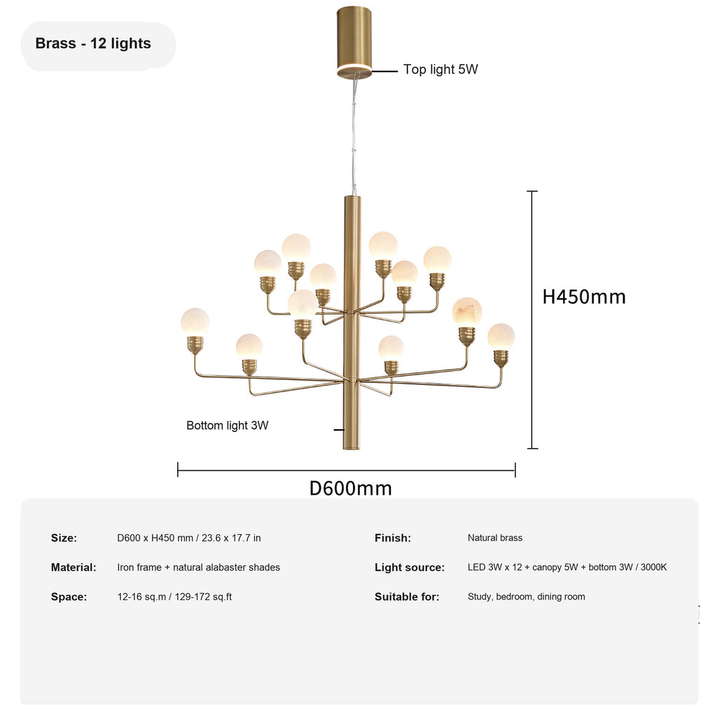 Modern Spanish Alabaster Branch Chandelier in Natural Brass - 17 sku 12 light english