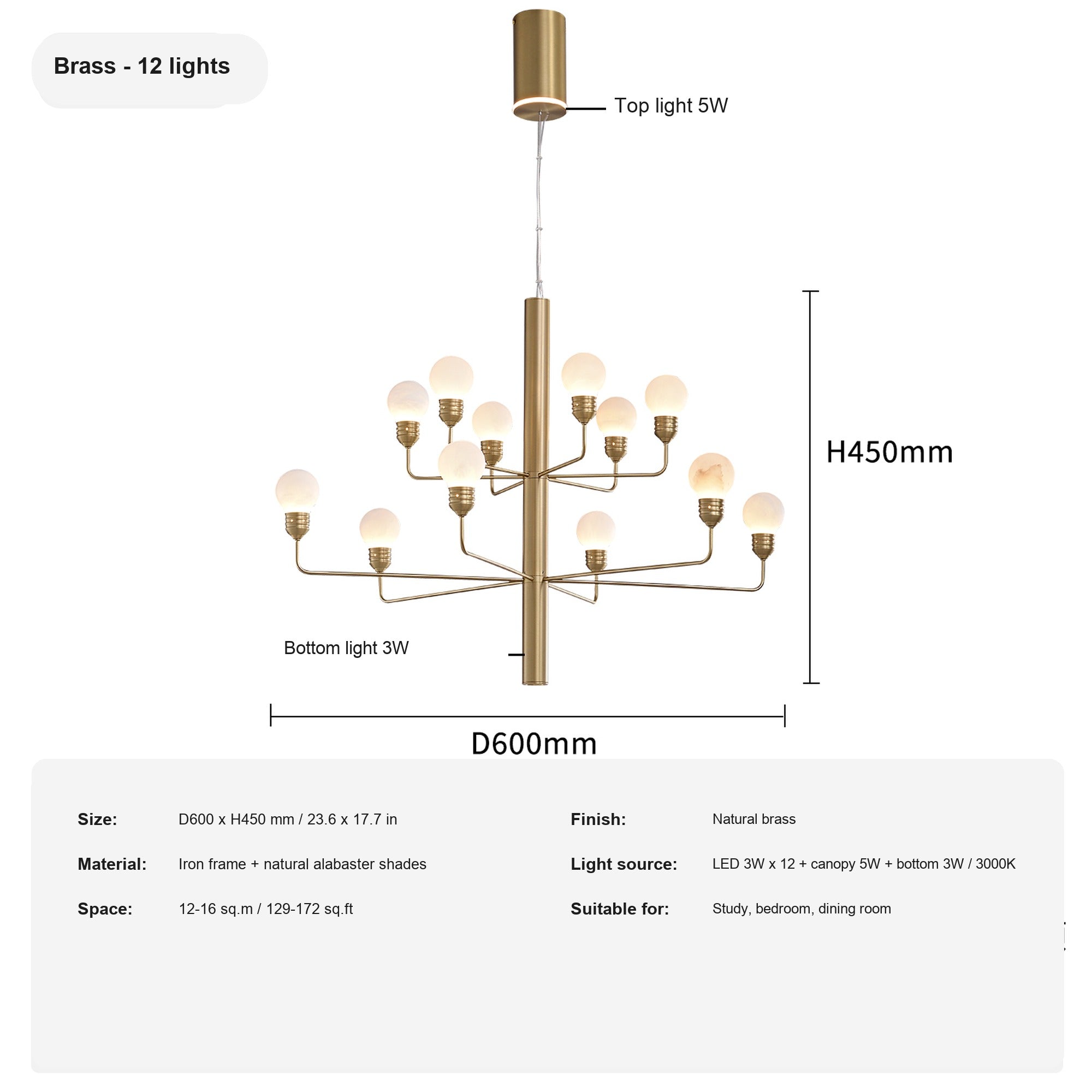 Modern Spanish Alabaster Branch Chandelier in Natural Brass - 17 sku 12 light english