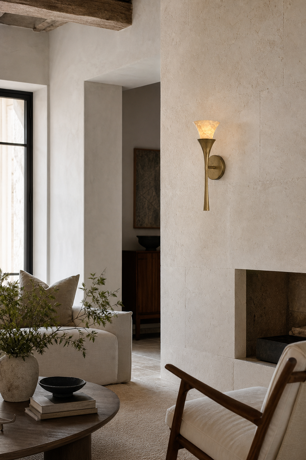 Sculptural Opal Glass and Alabaster Wall Sconce — Model A alabaster living wide daylight