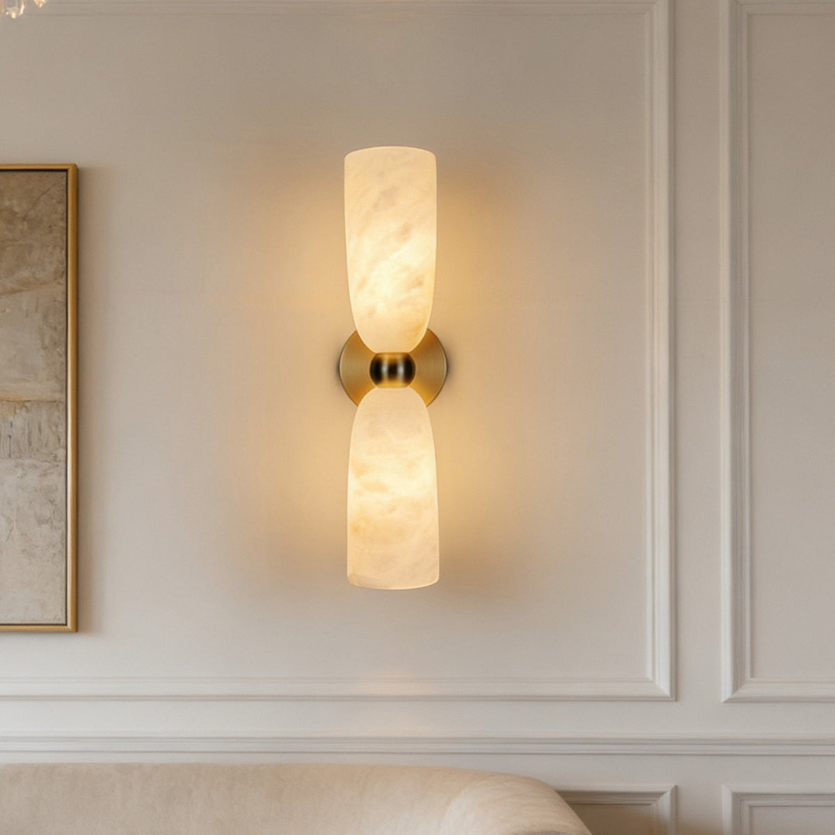 Double Alabaster Cylinder Wall Sconce real lit room view