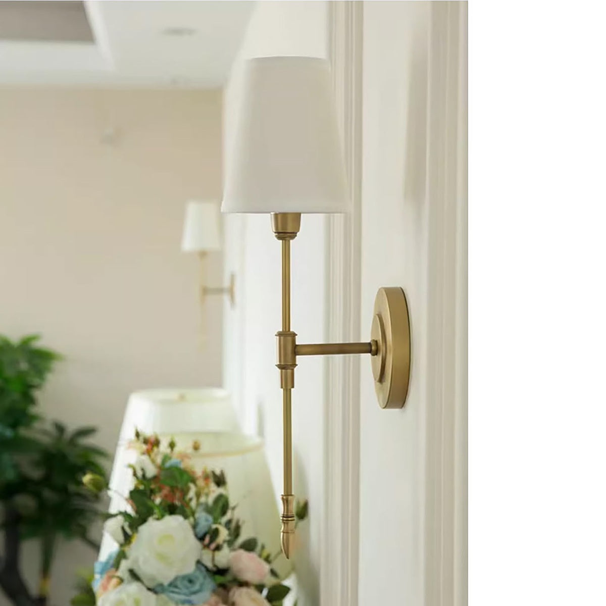 Antique Brass Fabric Shade Wall Sconce real side room view