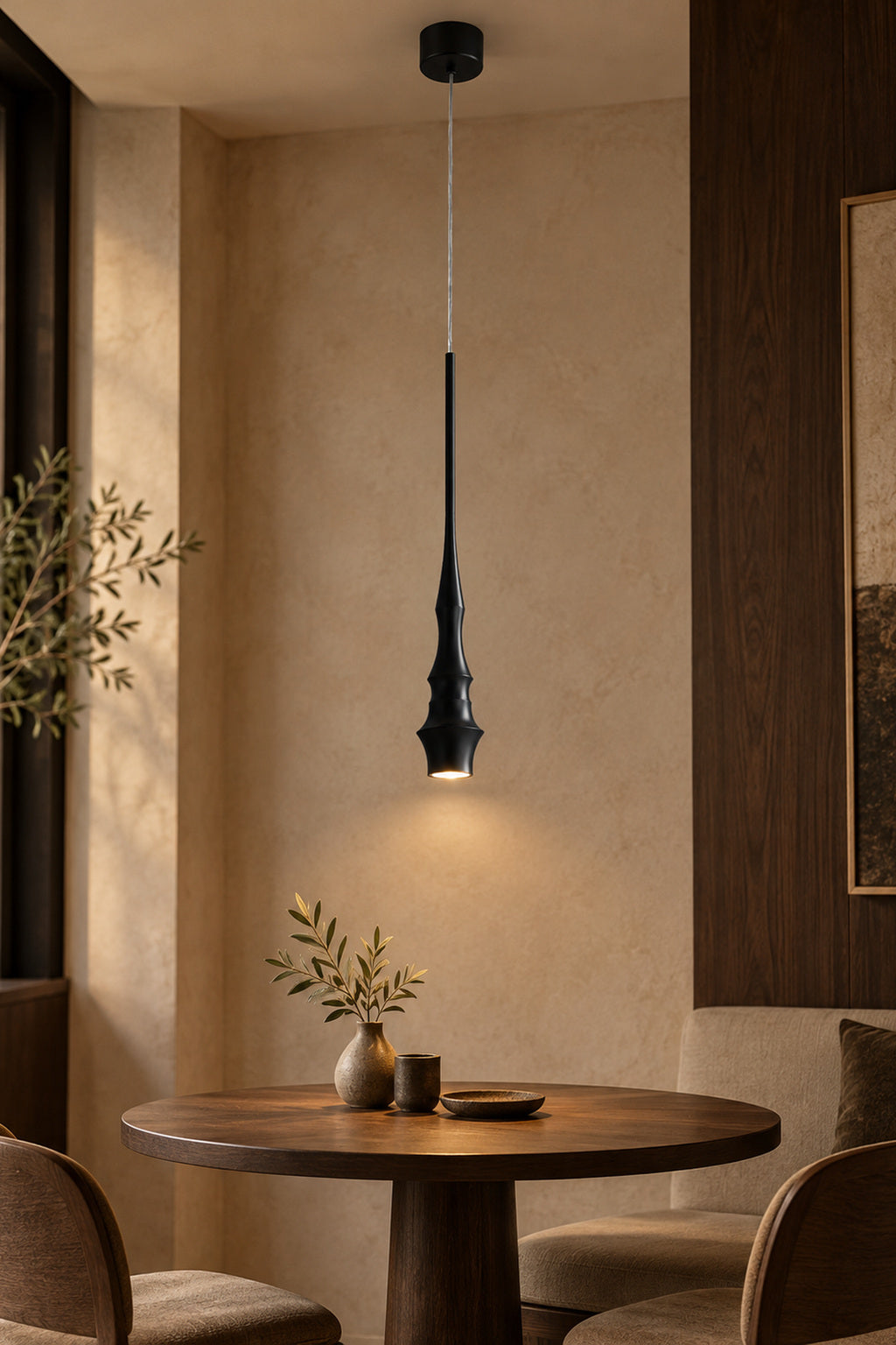 Torvelle Sculptural Pendant Light in black above a modern dining table · CDE 2026-09-25
