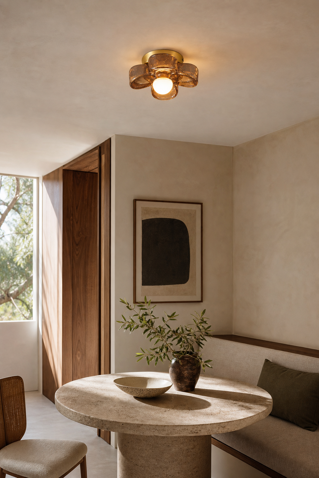 Single-Light Amber Glass Flush Mount Ceiling Light installed over a dining area