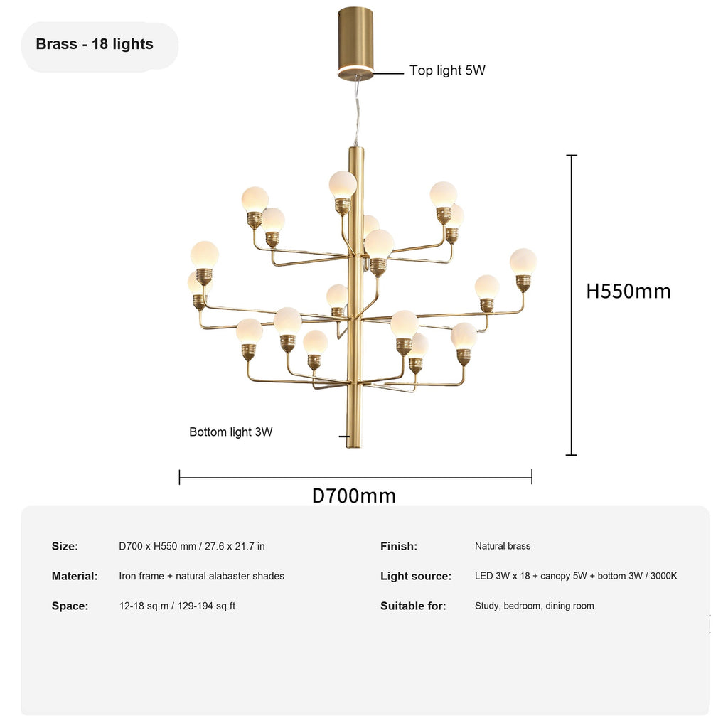 Modern Spanish Alabaster Branch Chandelier in Natural Brass - 18 sku 18 light english