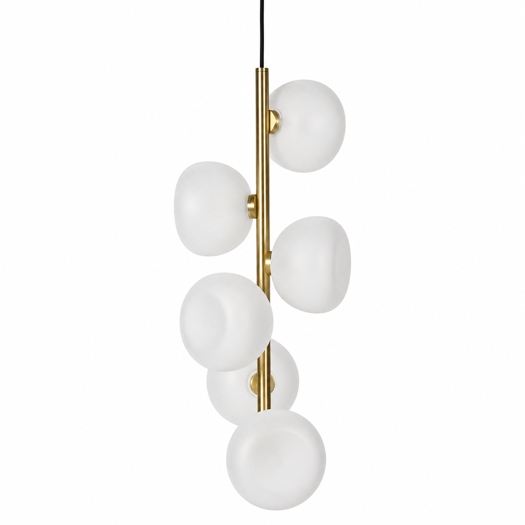 Frosted glass six-light vertical pendant in Natural Brass on a white background