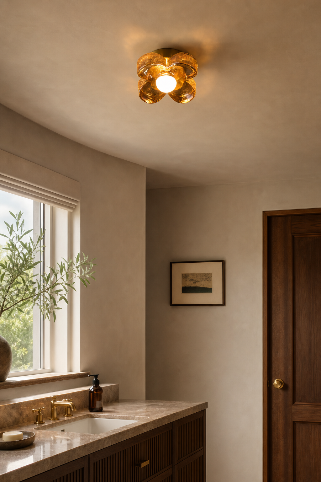 Single-Light Amber Glass Flush Mount Ceiling Light installed at a dry vanity