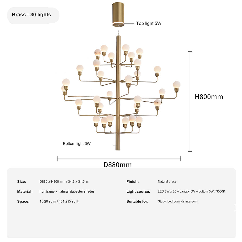 Modern Spanish Alabaster Branch Chandelier in Natural Brass - 19 sku 30 light english