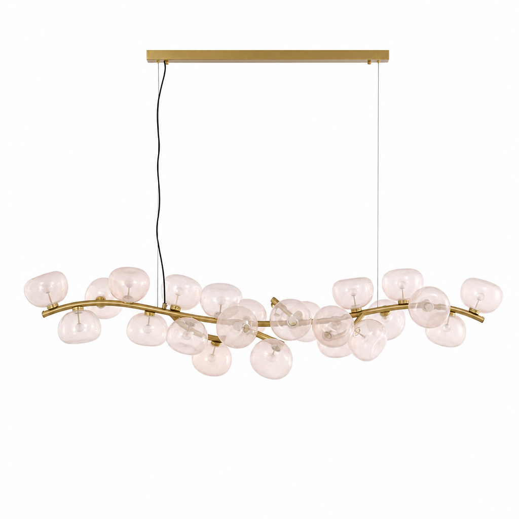 Blush glass 26-light linear chandelier in Natural Brass on a white background