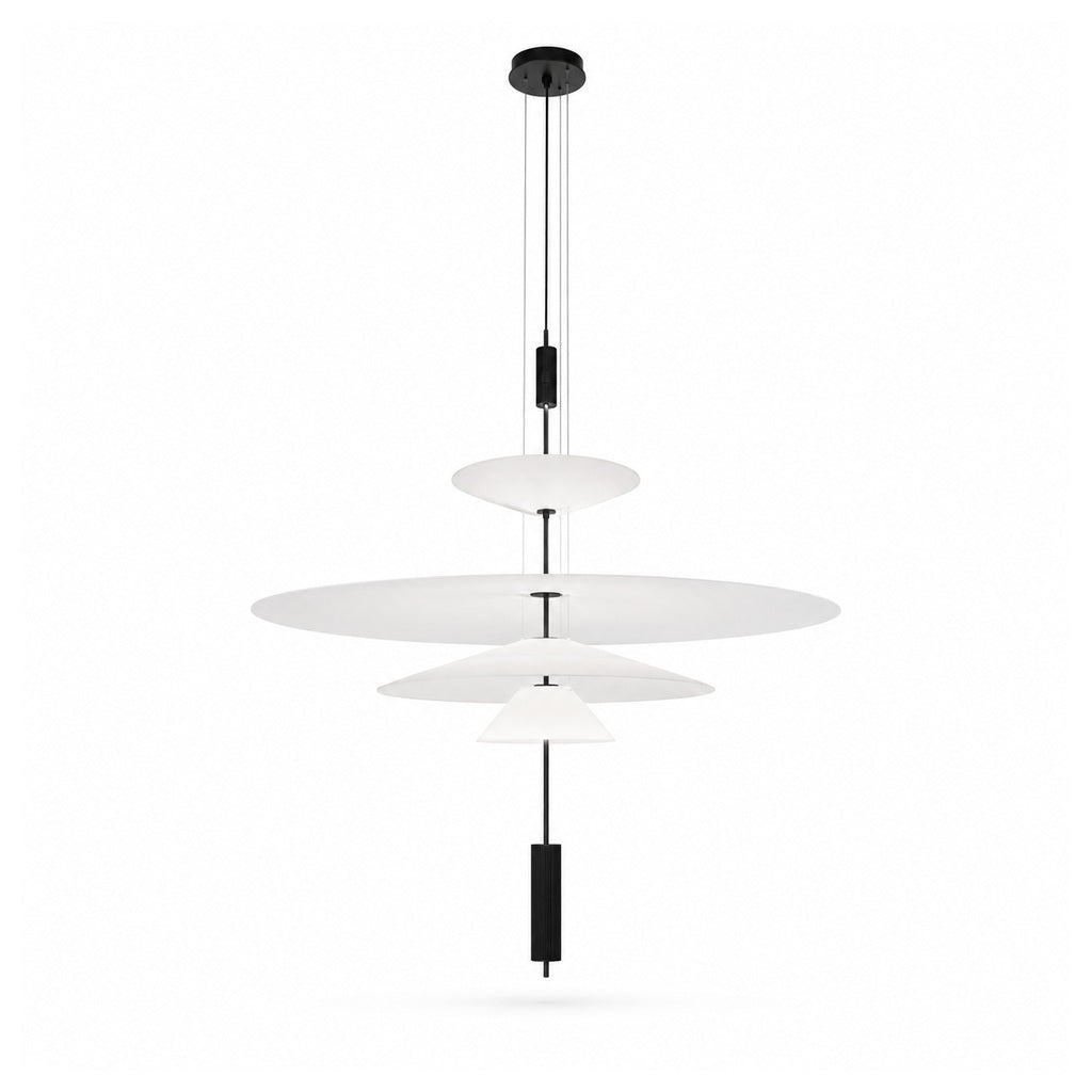 Layered acrylic disc LED pendant complete on a pure white background