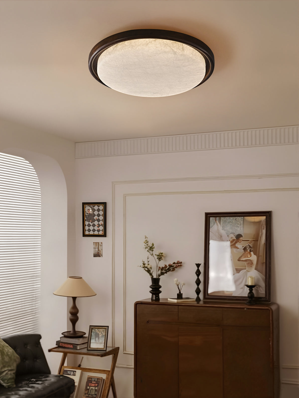Modern Mulberry Silk Geometric Ceiling Light in Walnut and White - additional-scene-round-mulberry-silk-ceiling-light-room
