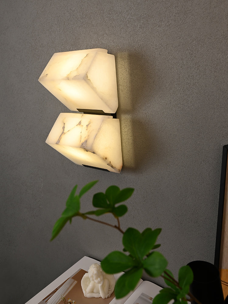 Two Modern Alabaster Geometric Wall Sconces installed vertically