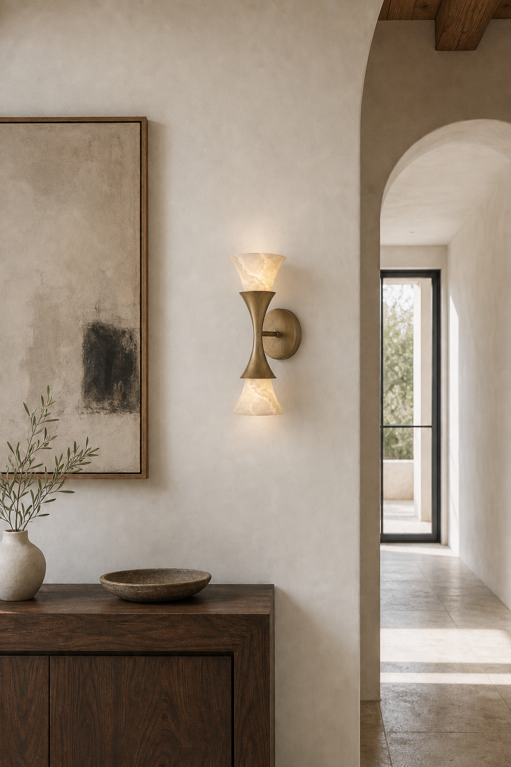 Sculptural Opal Glass and Alabaster Wall Sconce — Model B alabaster hallway wide daylight