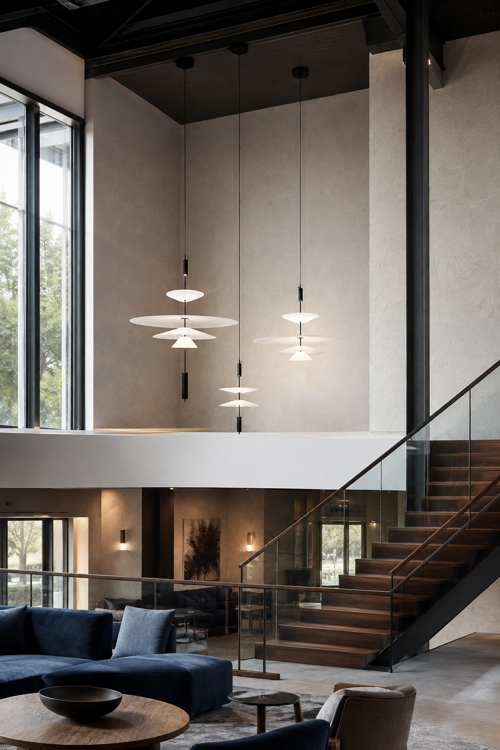 Three layered acrylic disc LED pendants suspended above a protected split-level lounge void