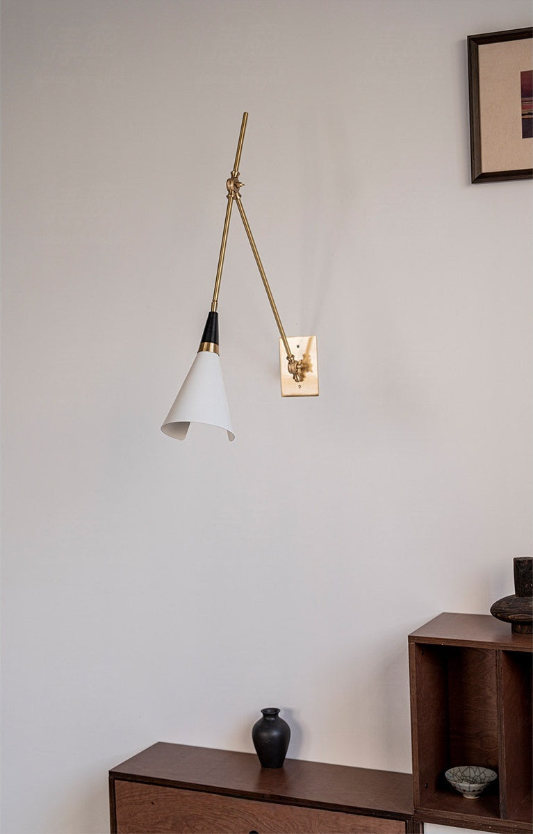 Adjustable Brass Wall Sconce — complete real Long Arm sconce above a console