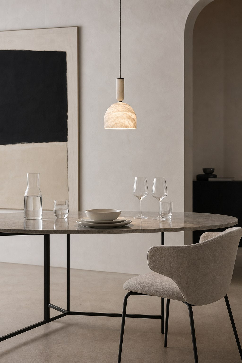 Modern Alabaster Dome Pendant Light in White - 01 dining room scene alabaster dome pendant
