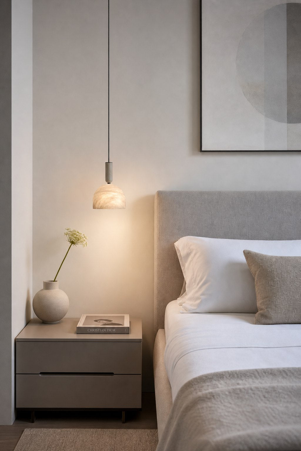 Modern Spanish Alabaster Dome Pendant Light in White - 02 bedroom scene alabaster dome pendant
