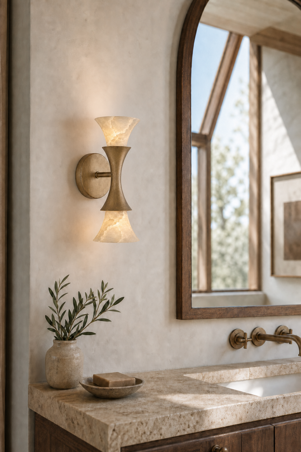 Sculptural Opal Glass and Alabaster Wall Sconce — Model B alabaster dry vanity daylight
