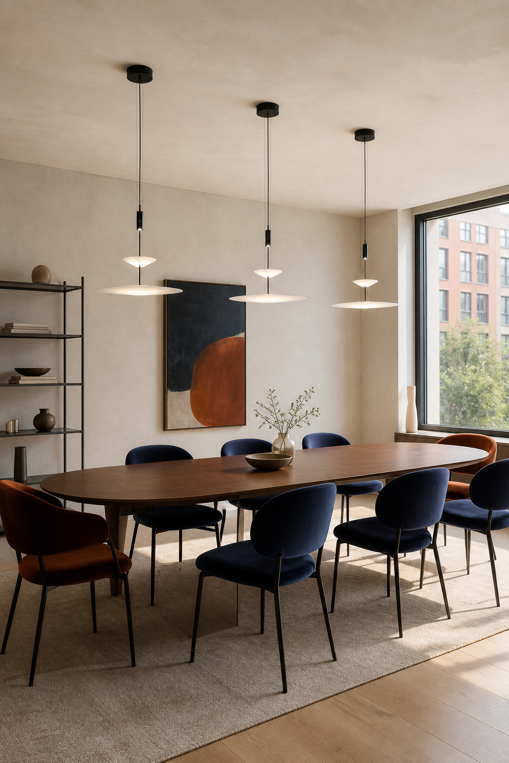 Three layered acrylic disc LED pendants with practical clearance above a walnut dining table