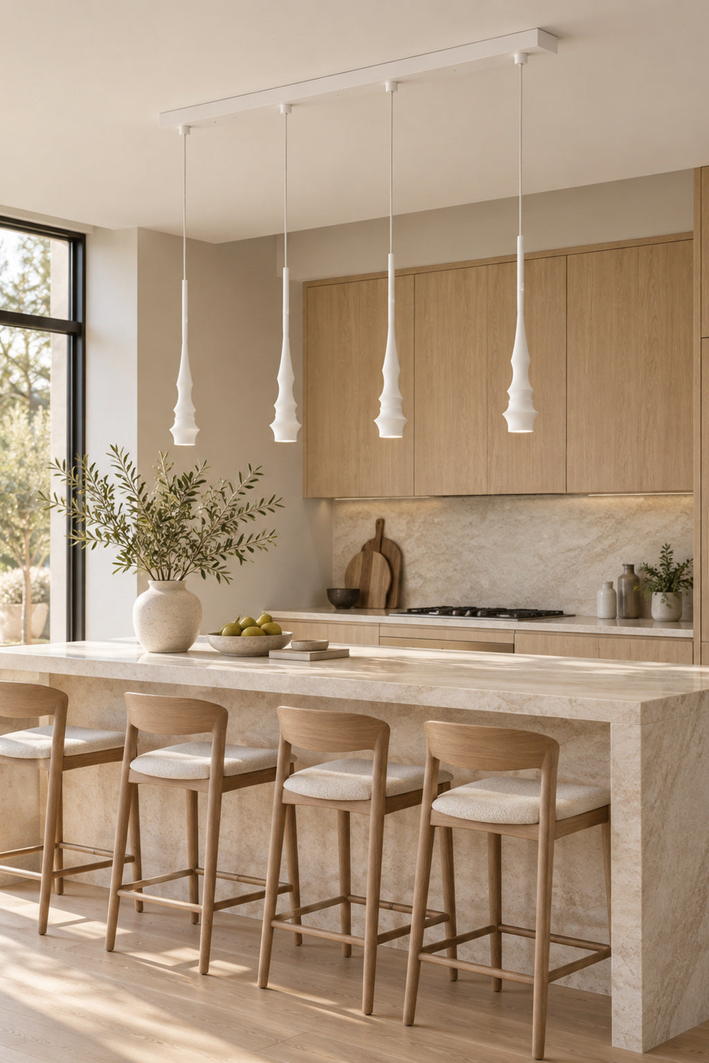 Torvelle Sculptural Pendant Light in white above a bright kitchen island · CDE 2026-09-25