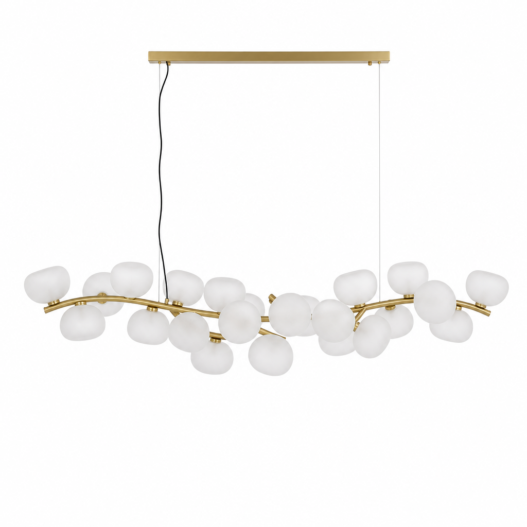 Frosted glass 26-light linear chandelier in Natural Brass on a white background