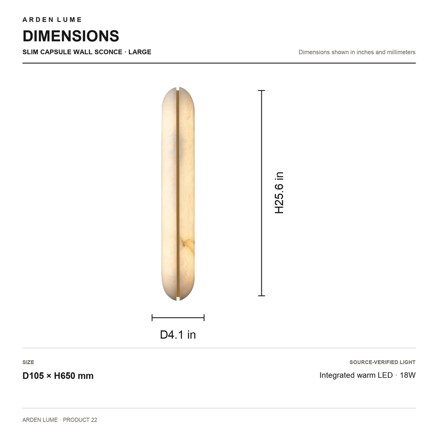Large slim capsule wall sconce dimensions D4.1 by H25.6 inches