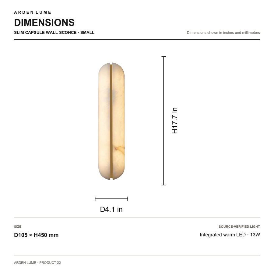 Small slim capsule wall sconce dimensions D4.1 by H17.7 inches