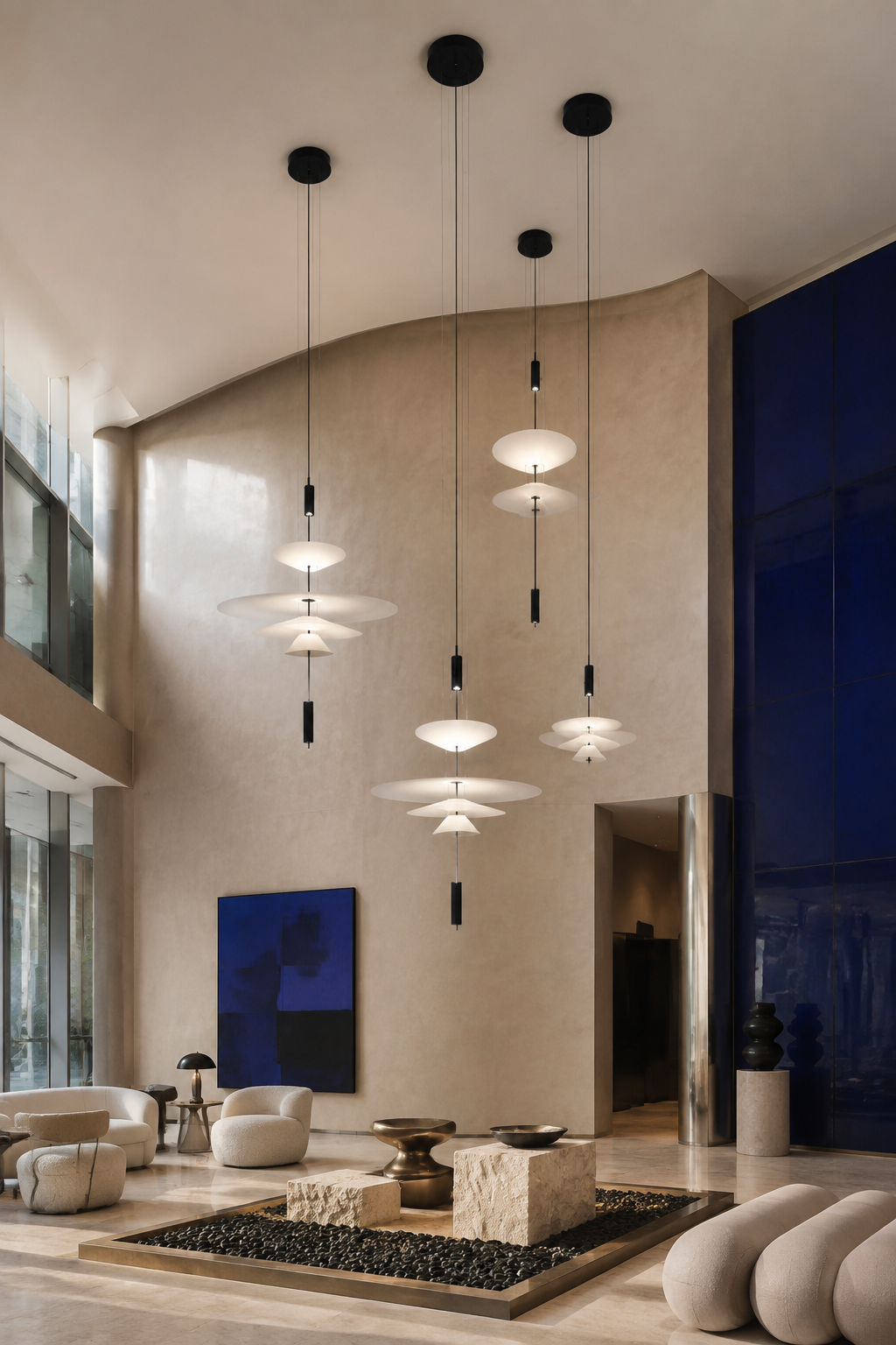 Four layered acrylic disc LED pendants arranged as an art installation in a contemporary hotel lobby