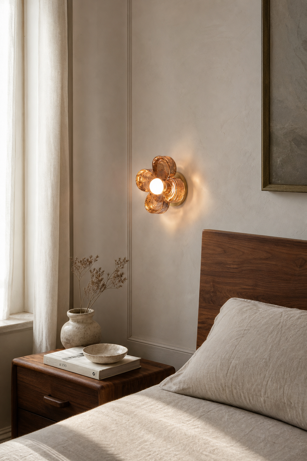 Single-Light Amber Glass Flush Mount Ceiling Light installed in a bedroom
