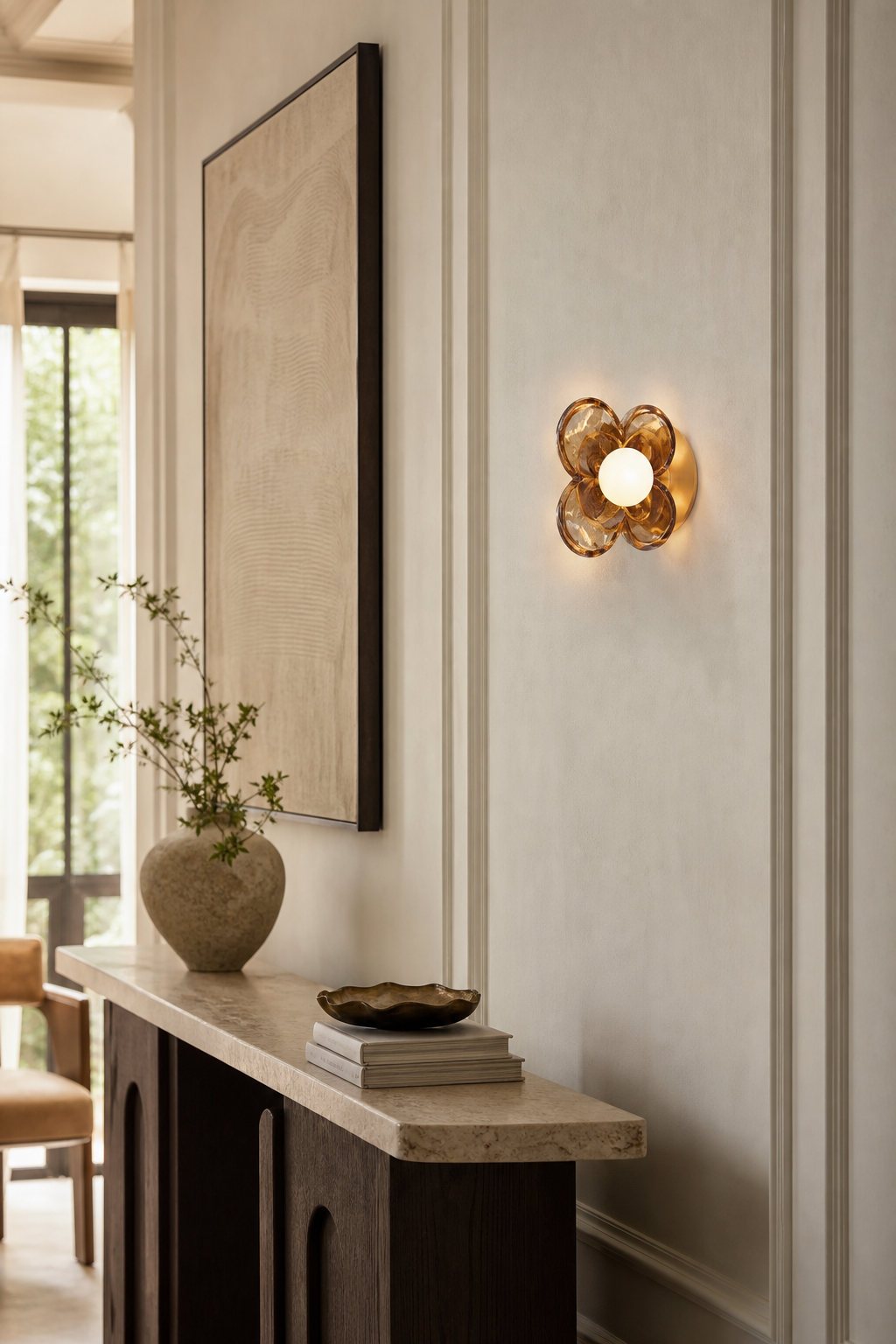 Single-Light Amber Glass Flush Mount Ceiling Light installed in an entry or hallway