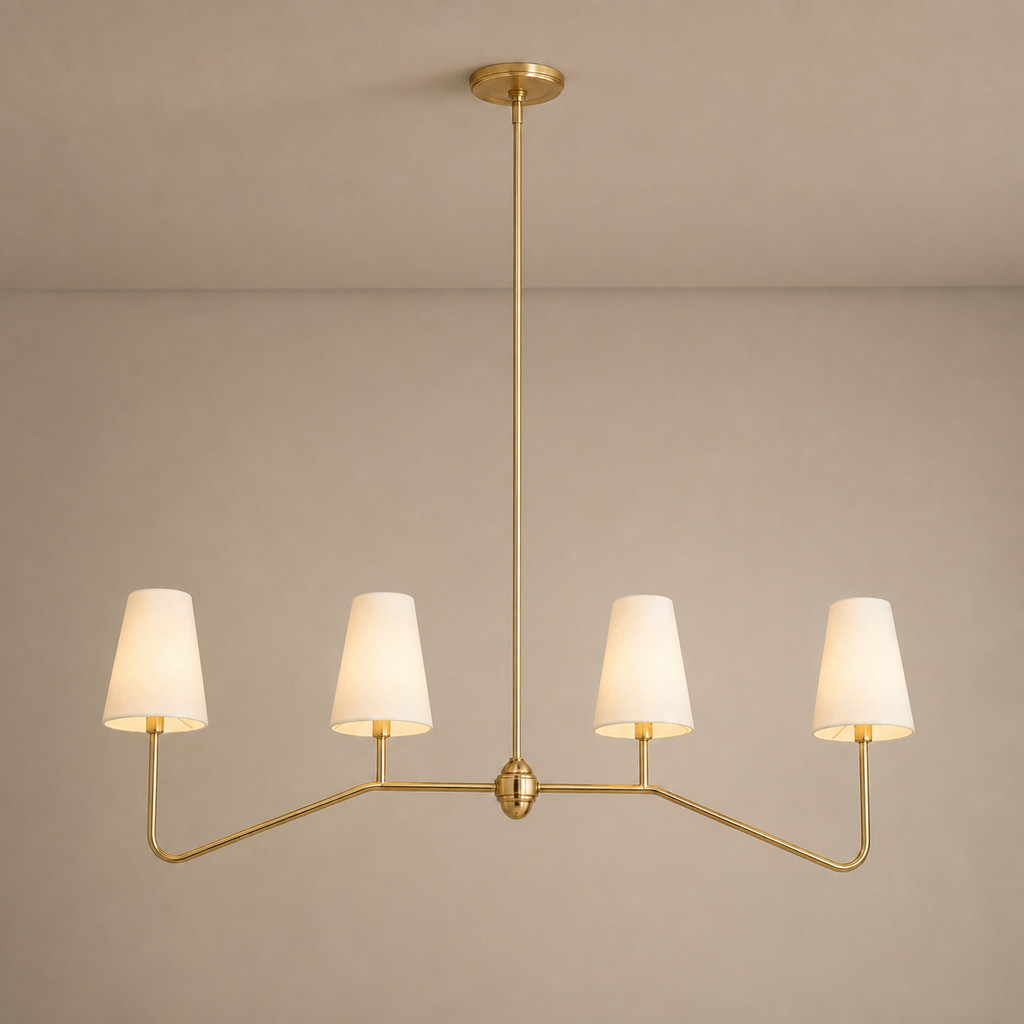 Four-Light Brass and Fabric Linear Chandelier product view on a warm neutral background, view 1