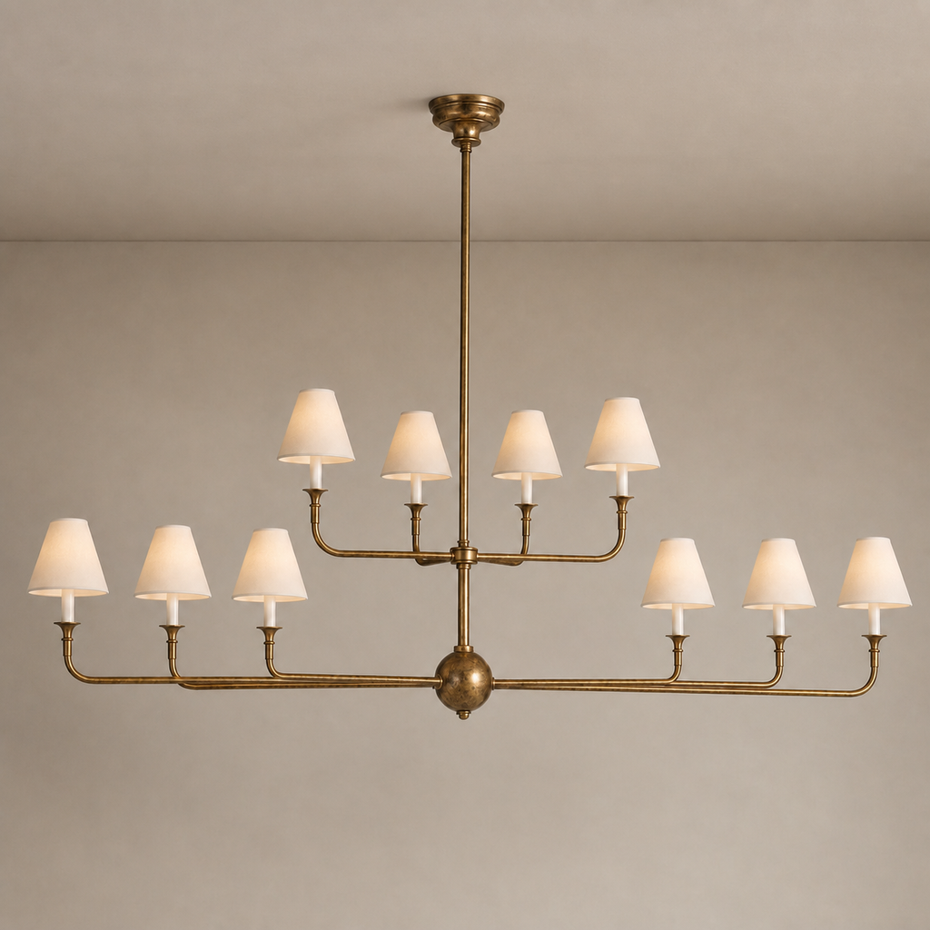 Tiered Brass and Fabric Linear Chandelier product view on a warm neutral background, view 1