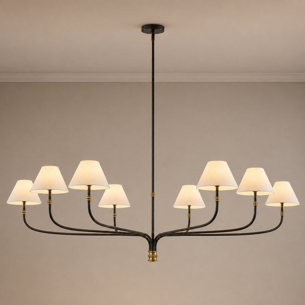 Brass and Black Linear Chandelier product view on a warm neutral background, view 1