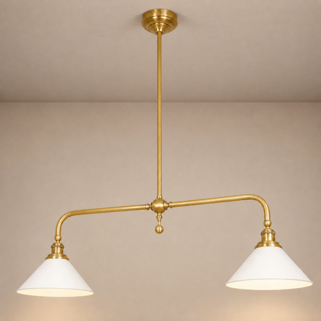 Brass and Ceramic Linear Chandelier product view on a warm neutral background, view 1