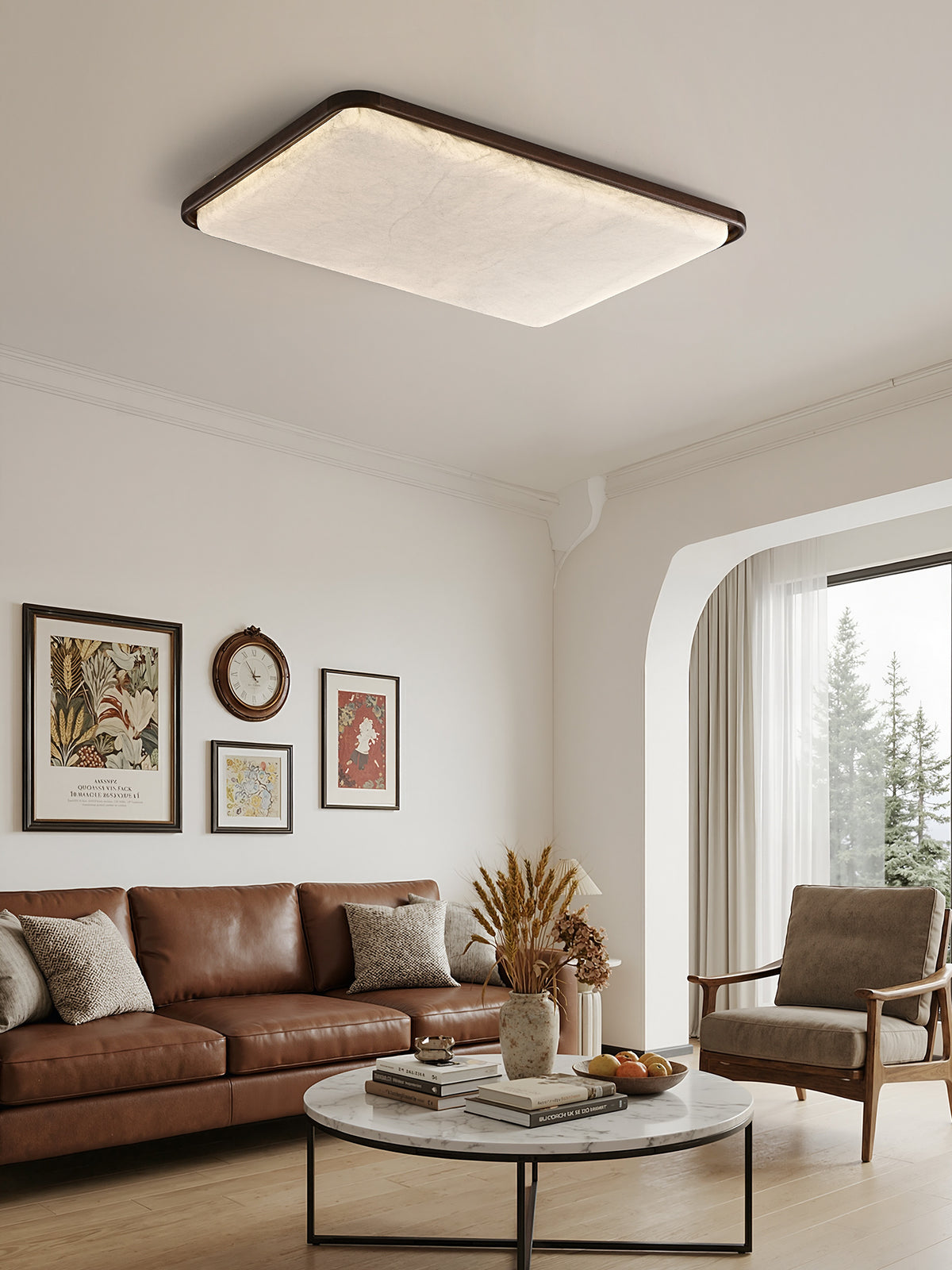 Modern Mulberry Silk Geometric Ceiling Light in Walnut and White - additional-scene-rectangular-mulberry-silk-ceiling-light-living-room