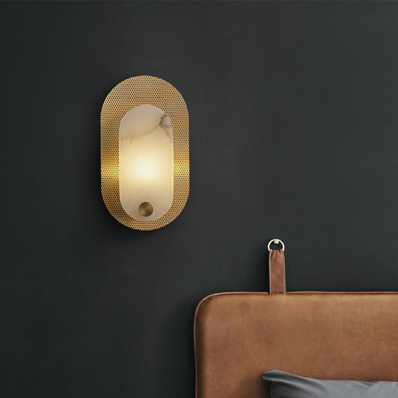 Modern Spanish Alabaster Oval Wall Sconce in Matte Gold - 02 主图3