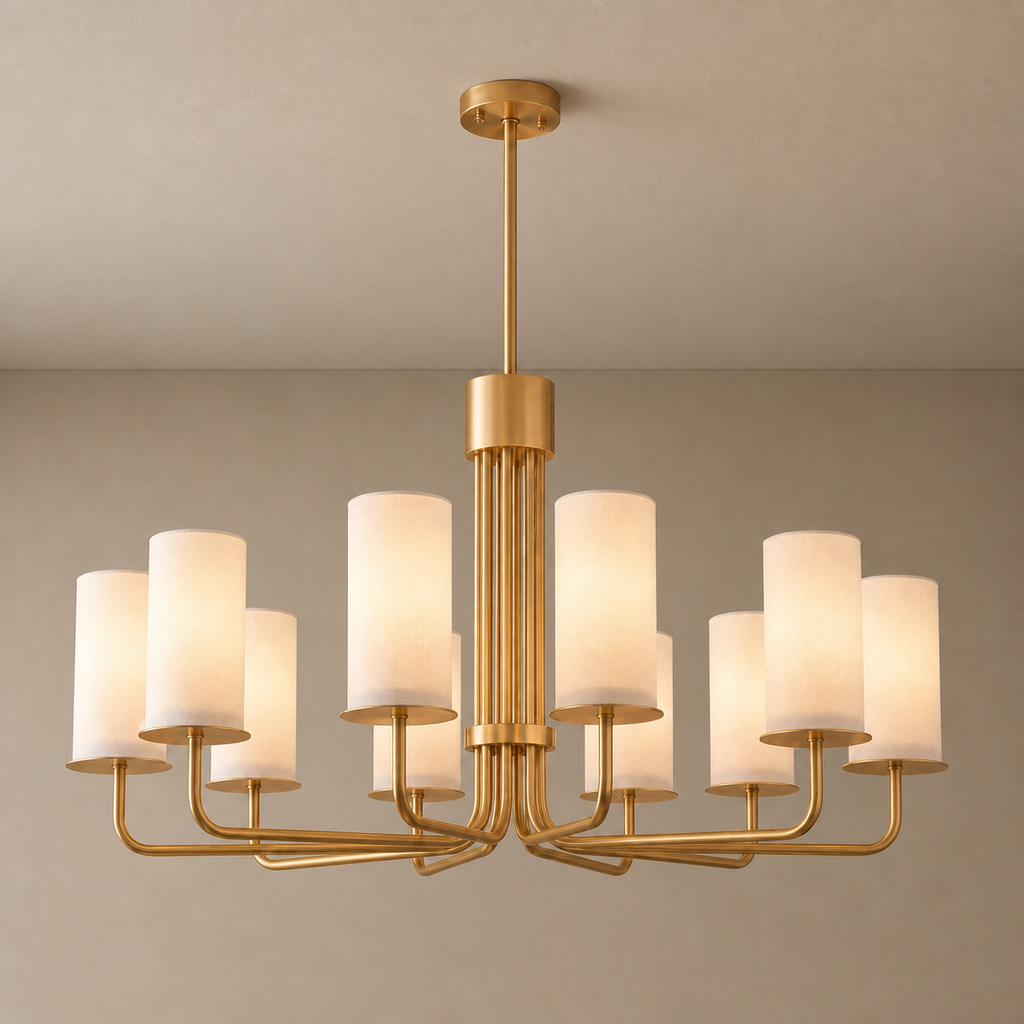 Solid Brass Tiered Chandelier product view on a warm neutral background, view 1