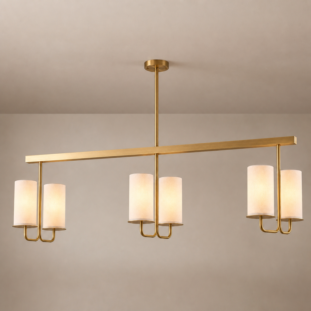 Solid Brass Six-Light Linear Chandelier product view on a warm neutral background, view 1