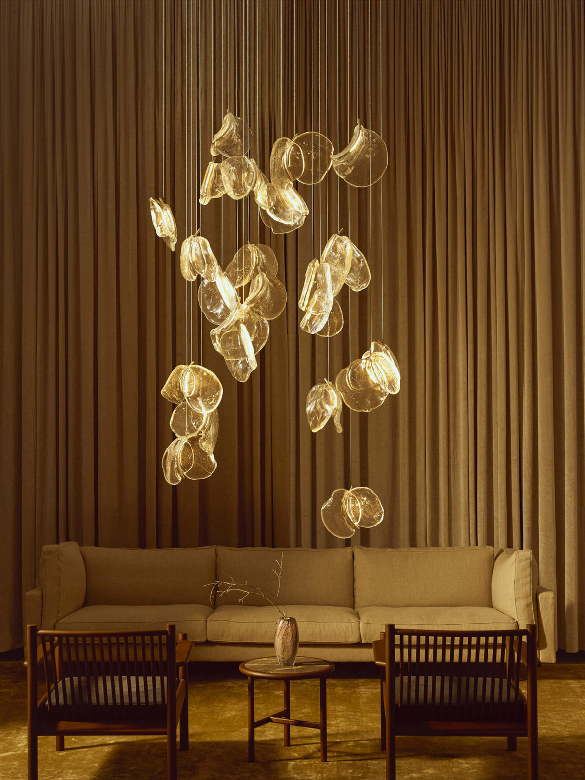 Clear Blown Glass Petal Cascade Chandelier