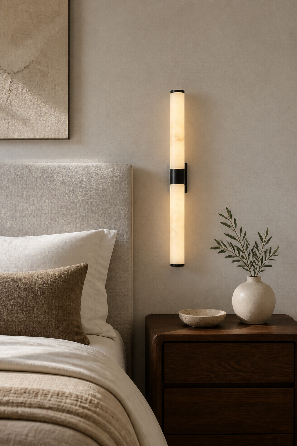 Modern Linear Alabaster Double Tube Wall Sconce in Black - bedroom bedside scene