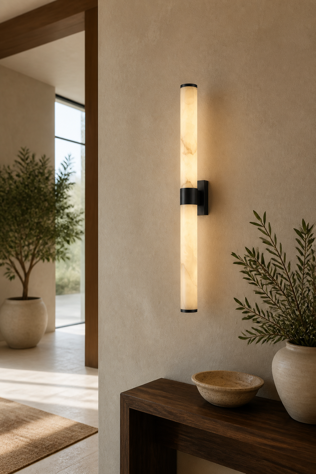 Modern Linear Alabaster Double Tube Wall Sconce in Black - bright foyer scene