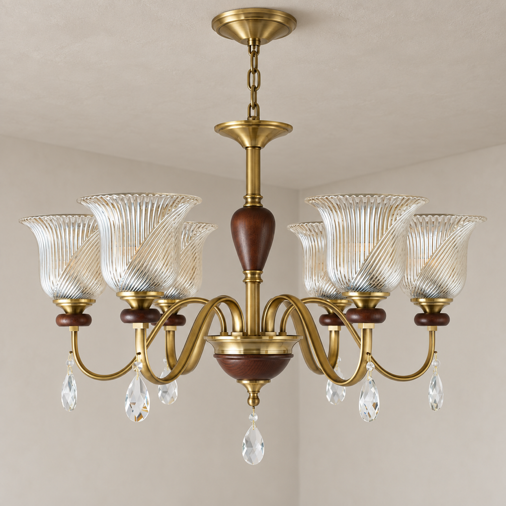 Callovene chandelier with flared ribbed glass shades and cognac ash-wood accents against a warm neutral background