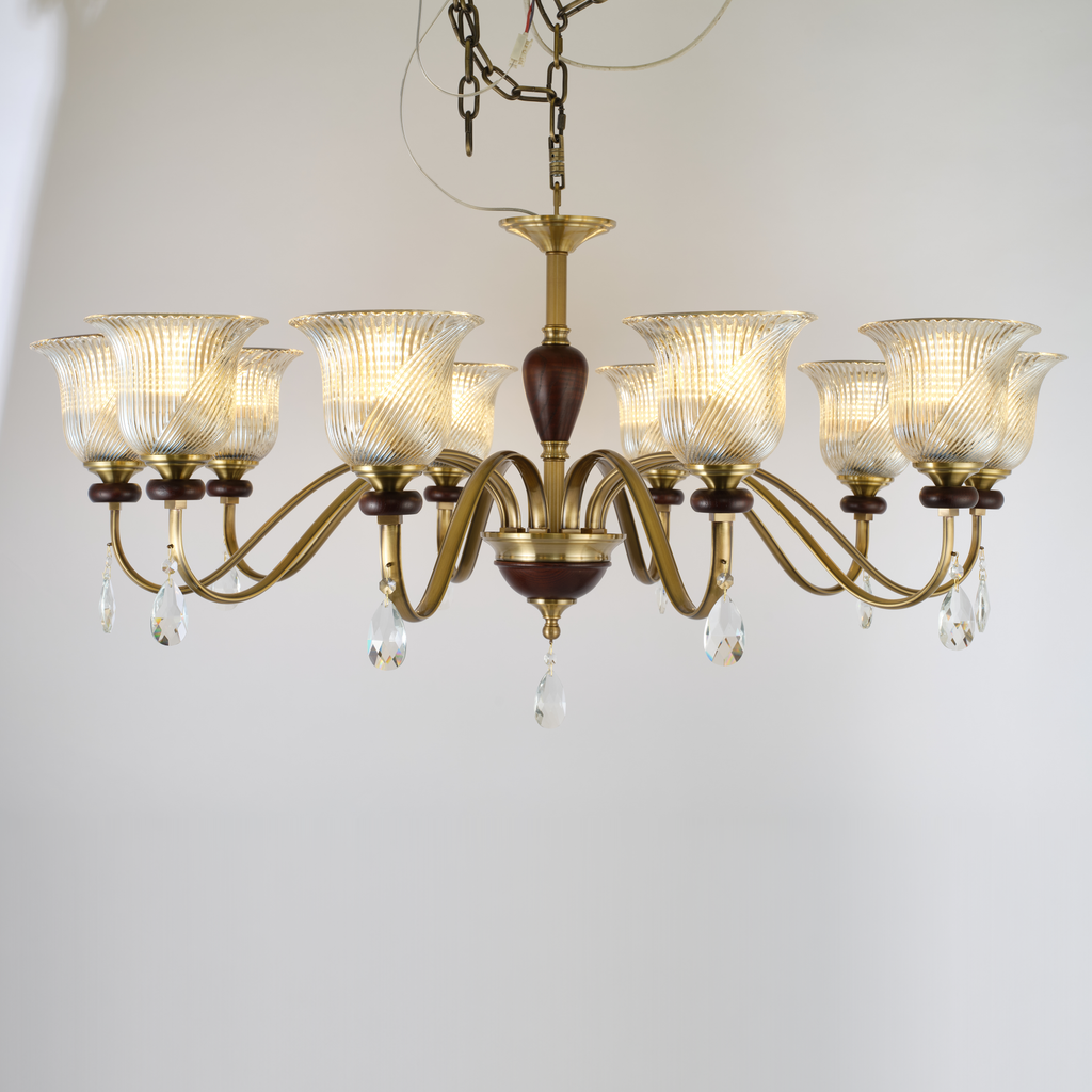 Callovene 10-light chandelier with ribbed glass shades and ash-wood accents