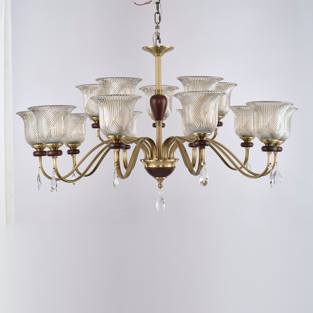 Callovene 10+5-light chandelier with ribbed glass shades and ash-wood accents