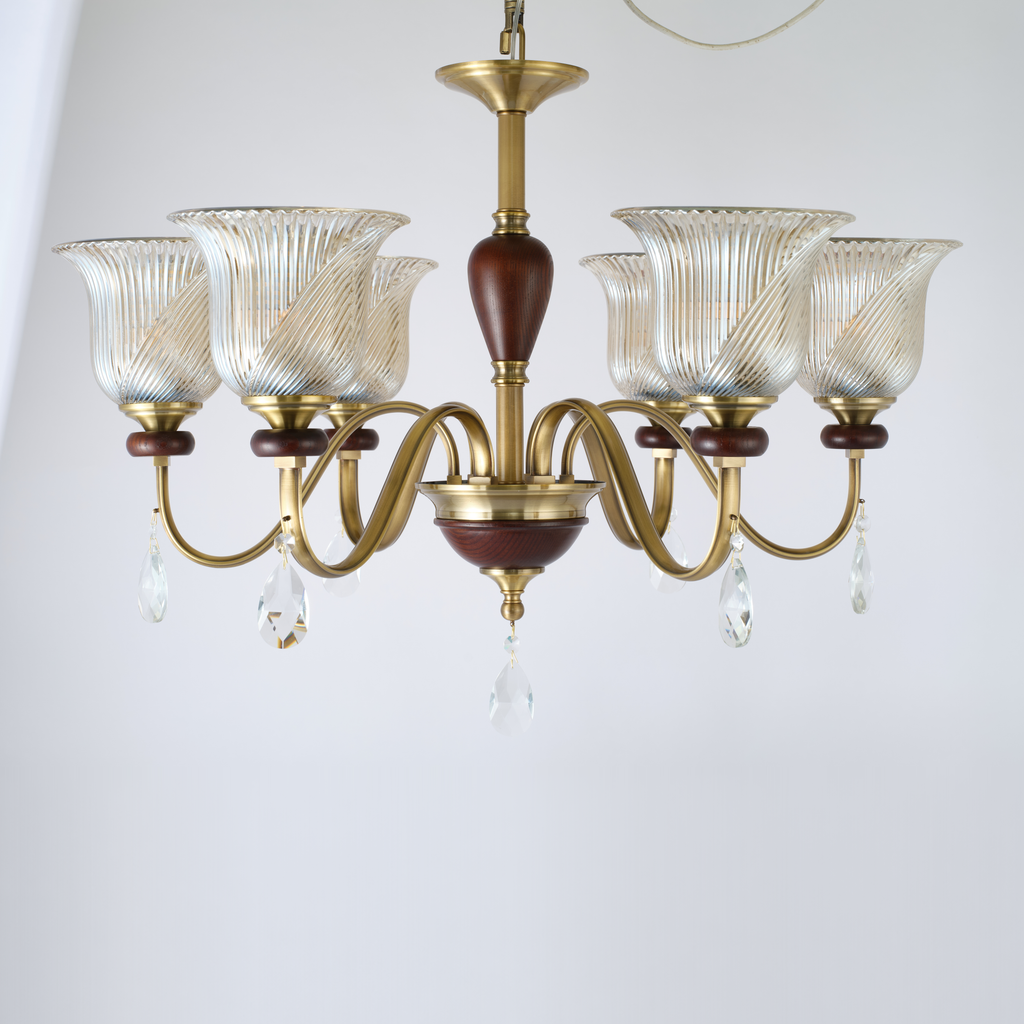 Callovene 6-light chandelier with ribbed glass shades and ash-wood accents