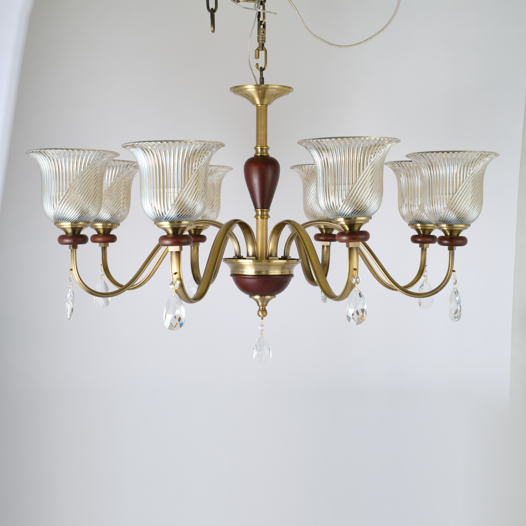 Callovene 8-light chandelier with ribbed glass shades and ash-wood accents