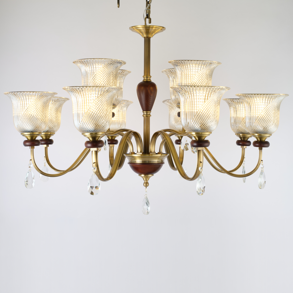 Callovene 8+4-light chandelier with ribbed glass shades and ash-wood accents