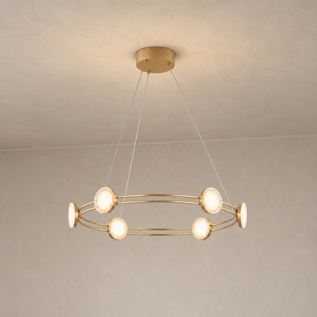 Elloria brushed gold disc ring chandelier installed hero with ceiling plane