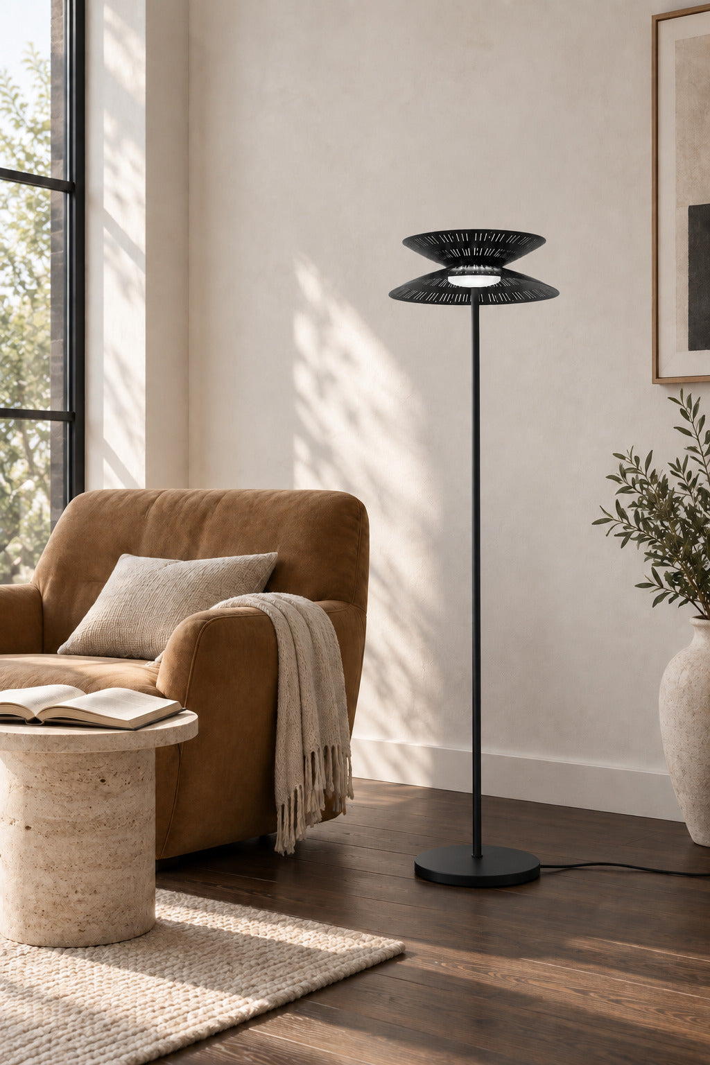 Black Coffee Asterune floor lamp in a reading corner, light off