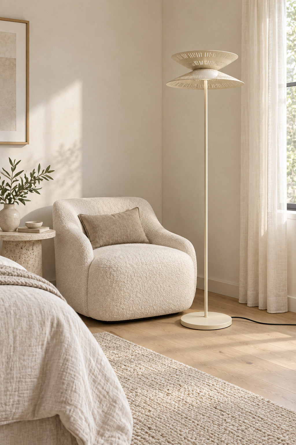 Cream Asterune floor lamp in a bedroom, light off