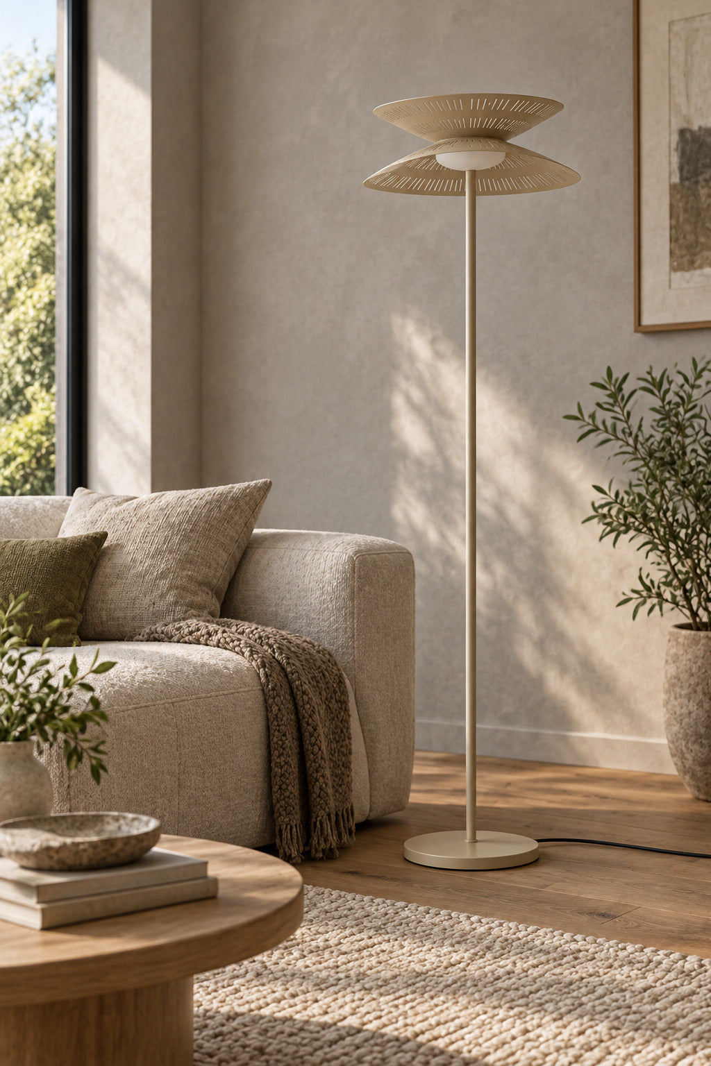 Cream Asterune floor lamp in a living room, light off
